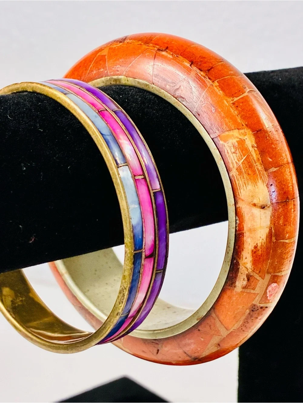Bold Orange Mosaic Inlay Bangle Bracelet Dyed Mother Of Pearl Blue Pink & Purple